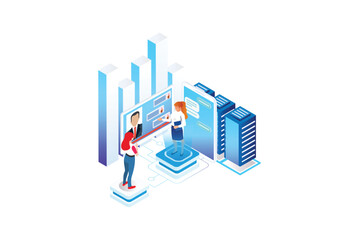 Modern Isometric Smart Online Webinar Training Technology Illustration in White Isolated Background With People and Digital Related Asset