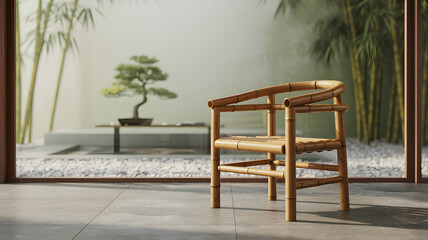 Obraz premium Zen Garden View with Bamboo Chair Serene Interior Design