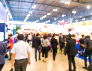 Blurry indoor exhibit hall with many people
