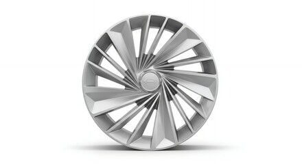 Sleek modern alloy wheel design with intricate spokes and central car emblem, perfect for automotive advertising.
