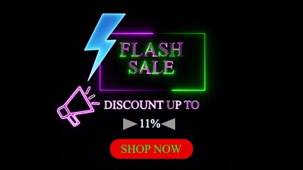 Neon flash sale announcement with discount and shop now button