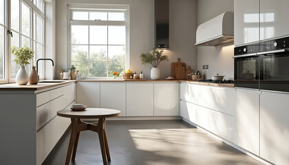 Modern kitchen with sleek white cabinetry, appliances, featuring clean lines, minimalist aesthetic. Natural light floods space from large windows, enhancing bright, airy atmosphere. Integrated wooden