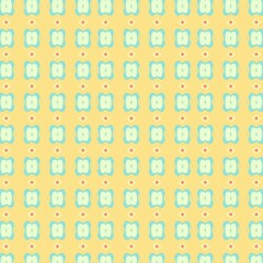 A seamless pattern of horizontal rows featuring abstract, organic shapes and pink diamond-like elements on a yellow background