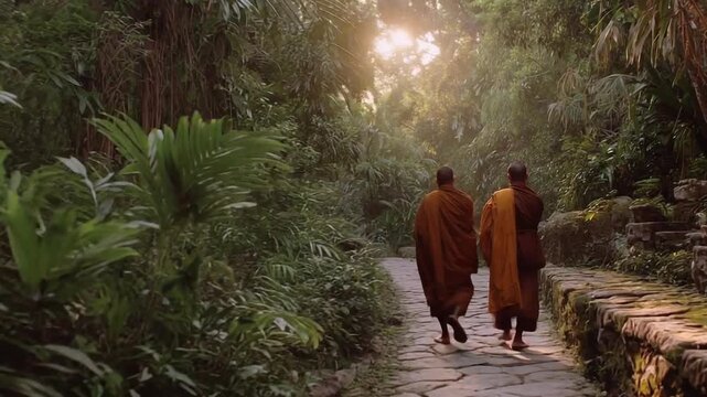 Two monks in orange robes walk along a stone path through a lush tropical forest.