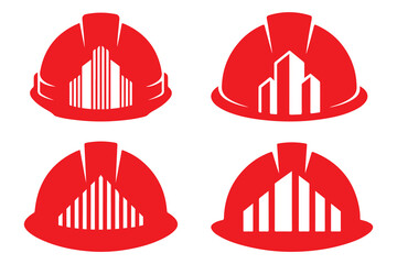 Red Construction Helmet Logo Design with Building Skyline Icons