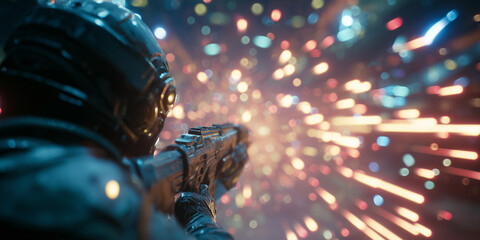 Futuristic soldier wearing a helmet and armor is aiming a weapon, with blurred, colorful lights streaking towards the viewer, creating a sense of action and speed