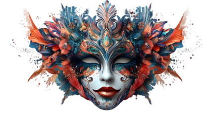  Vibrant colorful carnival mask with ornate details, isolated on a transparent background 