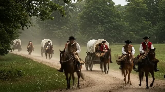 Pioneers on Horseback and Covered Wagons Traveling Through a Green Landscape