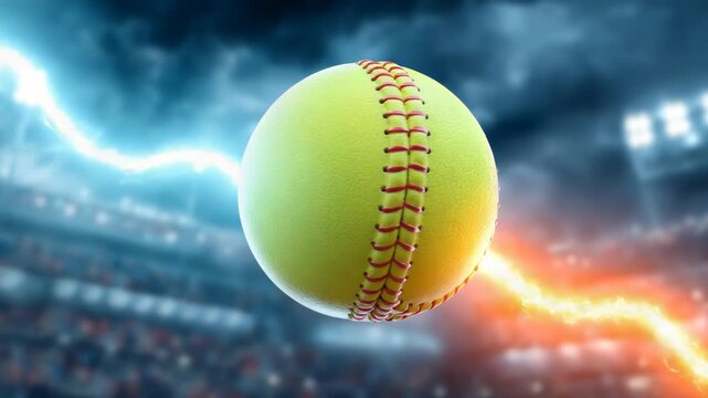 Dynamic softball action in stadium under stormy sky with lightning effect