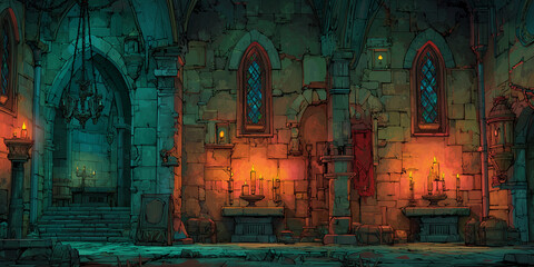 Flickering candles illuminating gothic stone dungeon interior, ornate chandelier hanging above ancient architectural elements creating mysterious medieval ambiance