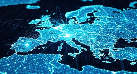 A glowing, detailed map of Europe, highlighting interconnectedness through a network of light points and lines.