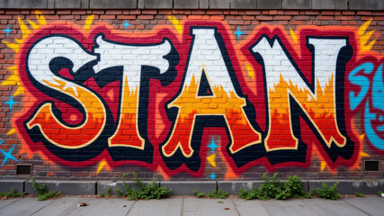 STAN painted in colorful graffiti style on red brick urban wall