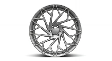Fototapeta premium Sleek silver alloy wheel design on white background, perfect for automotive projects