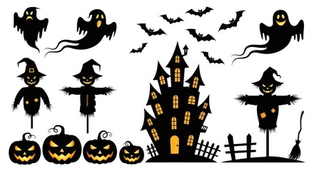 Fototapeta premium Halloween elements isolated on white background ghosts, scarecrows, pumpkins, haunted house, bats, broom