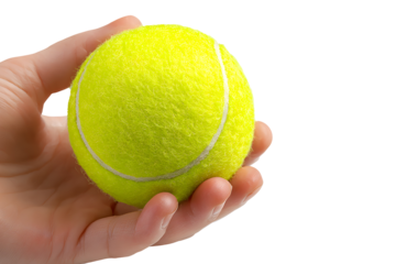 Hand holding a yellow tennis ball isolated on transparent background