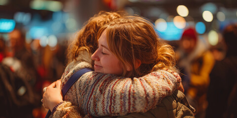 Female students reuniting with warm embrace at airport, expressing joy after long separation, sharing emotional moment of togetherness