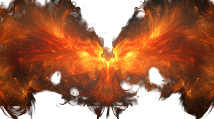 : Vibrant abstract digital of a fiery mythical phoenix bird with dynamic wings isolated on a transparent background.