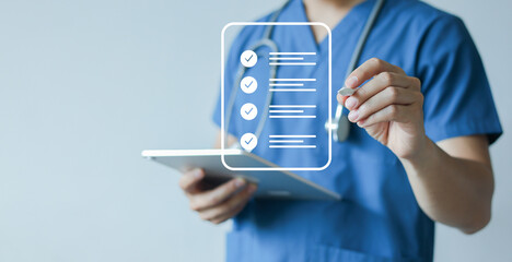 close up young general practitioner hand use stylus pen to check box on medical chekclist or opd record to read and diagnose and assess about patient's symptom for healthy and lifestyle concept
