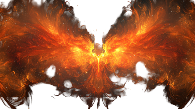 : Vibrant abstract digital of a fiery mythical phoenix bird with dynamic wings isolated on a transparent background. - Powered by Adobe