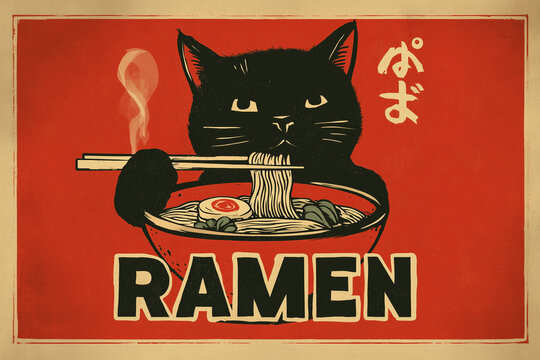 Black cat wielding chopsticks, enjoying steaming ramen, quirky vintage illustration capturing culinary feline charm - Powered by Adobe