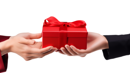 Generous hands exchange a vibrant red gift box tied with satin ribbon, symbolizing appreciation and connection.