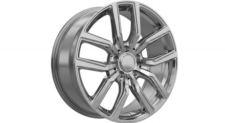 Obraz premium Shiny chrome alloy wheel isolated on white background for luxury automotive design