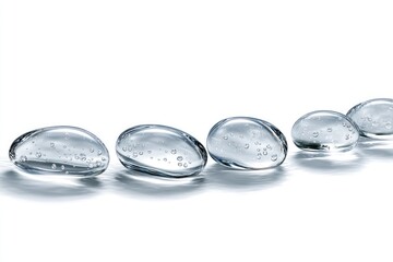 Clear, smooth, oval-shaped objects, arranged in a row against a white background.  They appear glassy, with subtle air bubbles within