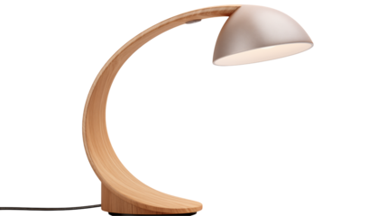 Elegant modern desk lamp with natural wood curved arm and soft light shade illuminates workspace