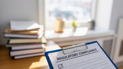 financial compliance legislation organization concept. Regulatory compliance checklist on a desk with books in the background.