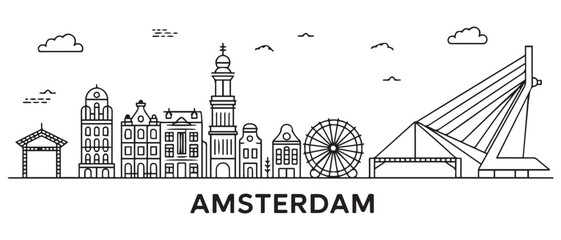 Amsterdam Line Art city skyline horizontal banner. Amsterdam city, Netherlands. Vector template for your design. with white background
