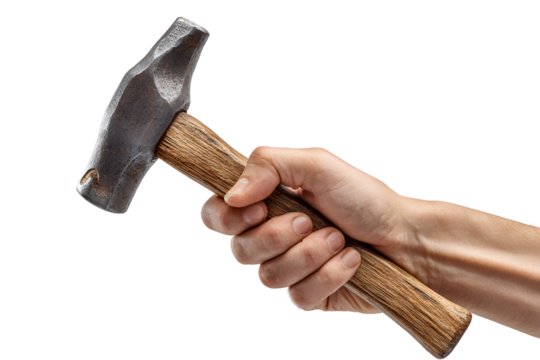Hand holding a hammer isolated on transparent background - Powered by Adobe