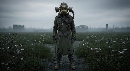 A solitary figure in a gas mask and trench coat stands amidst a desolate field, a testament to a post-apocalyptic landscape.