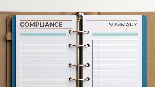 financial compliance legislation organization concept. Planner pages displaying compliance and summary sections for organization.