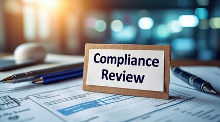 financial compliance legislation organization concept. Compliance review documents and pens on a desk with blurred background.