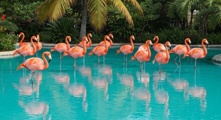 Naklejka premium Vibrant flamingos in tropical pool paradise with palm trees and reflections