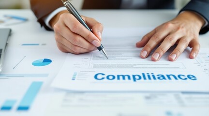financial compliance legislation organization concept. Document signing with focus on compliance and business paperwork.