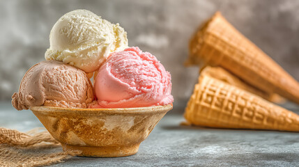 vanilla. Colorful ice cream in a waffle cone, a tempting and delightful dessert display. menu design, packaging mockups, designed for food delivery and cloud-kitchen brand materials.