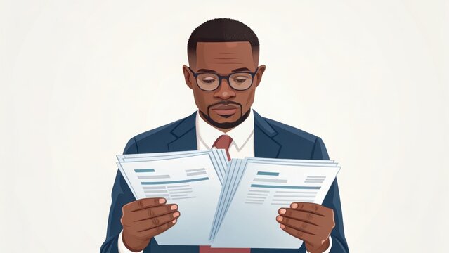 financial compliance legislation organization concept. A man in a suit reading documents with focus and intent.