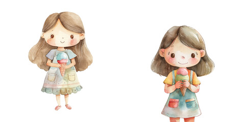 cute girl holding ice cream watercolor vector illustration