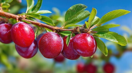 Obraz premium Ripe plums cluster on branch against clear blue sky