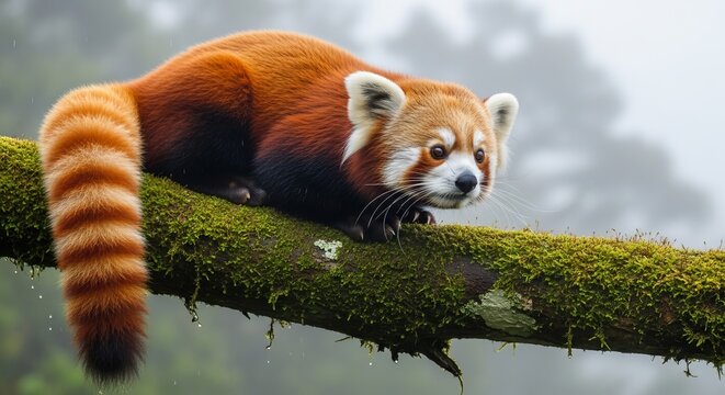 Red panda climbing on mossy tree branch wildlife photography animal conservation mammal - Powered by Adobe