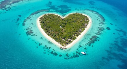 Heart-shaped island in turquoise ocean with lush greenery and sandy beaches