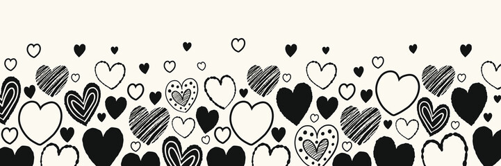 Banner with cute cartoon floating hearts. Background with hand drawn shapes. Doodles. Design for Valentine’s Day, Mother’s Day and Women’s Day. Vector illustration