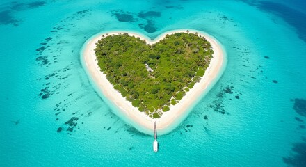 Heart-shaped tropical island surrounded by turquoise ocean with sandy beaches