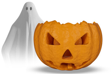 Illustrazione 3D. Halloween. Zucca intagliata e fantasma simbolo ricorrenza festa di Halloween. Ricorrenza in autunno, ottobre.