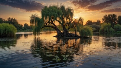 Serene sunset over a tranquil lake with a willow tree reflecting on the water's surface