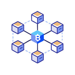 Naklejka premium Isometric Illustration of Blockchain Network with Bitcoin Symbol in the Center on Dark Background