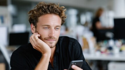 Man using smartphone in modern office space during work hours
