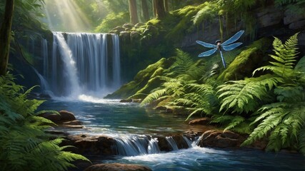 Obraz premium Serene waterfall cascading through lush green ferns with a dragonfly hovering nearby in a tranquil forest