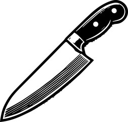 A detailed illustration of a chef's knife with a black handle and a shiny blade on a white background